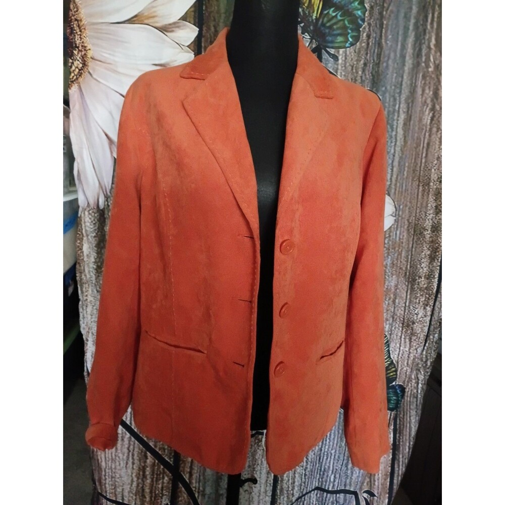 Studio Works salmon-colored suede blazer featuring a button closure